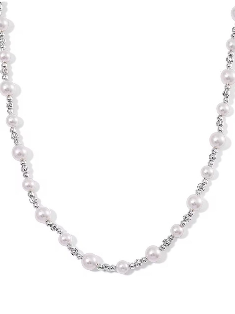 Classic White Shell Pearl and Silver Bead Necklace - Silvertone 20-22 inches